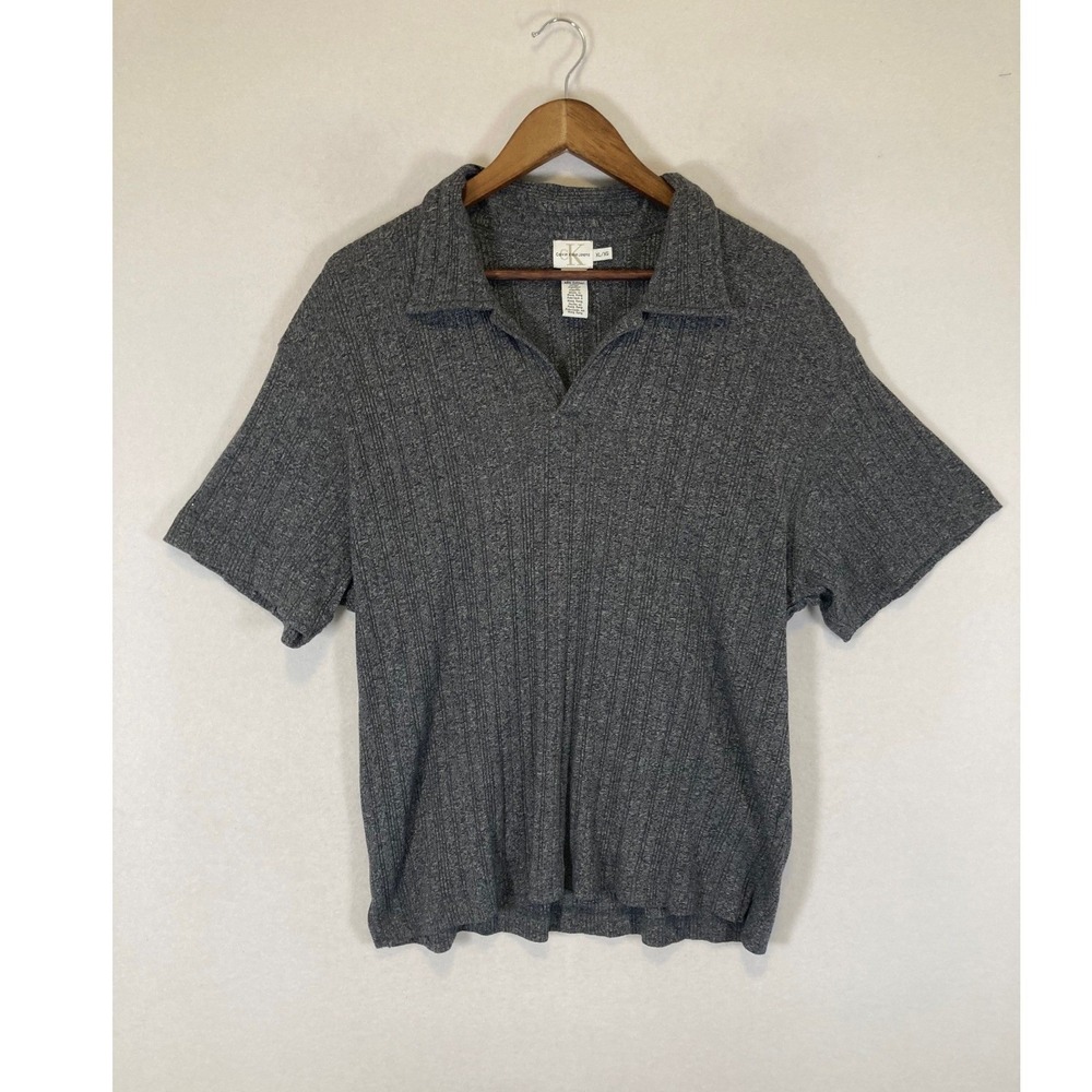 90s Aesthetic Calvin Klein Jeans Men XL Gray Ribbed Knit Short Sleeve Polo Shirt